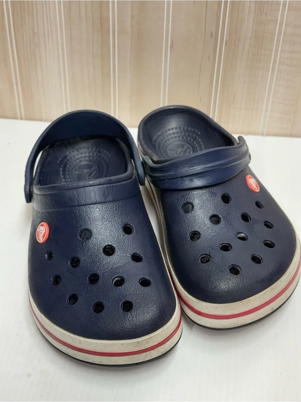 CROCS Kids Navy Clogs with Red Stripe